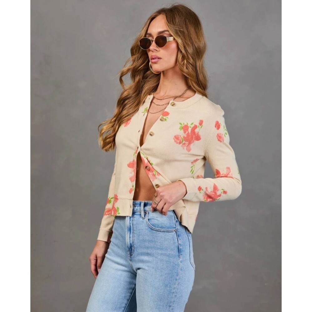 VICI Saddle Rose Knit Floral Cardigan Small Cream Coral Button Front Long Sleeve - Picture 4 of 15